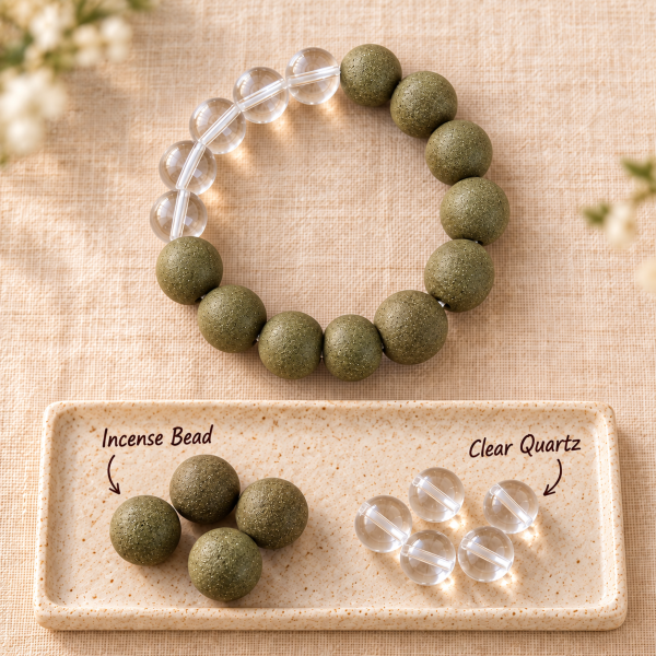 Olive-green incense bead bracelet above its labeled parts, incense beads and clear quartz, on a tray