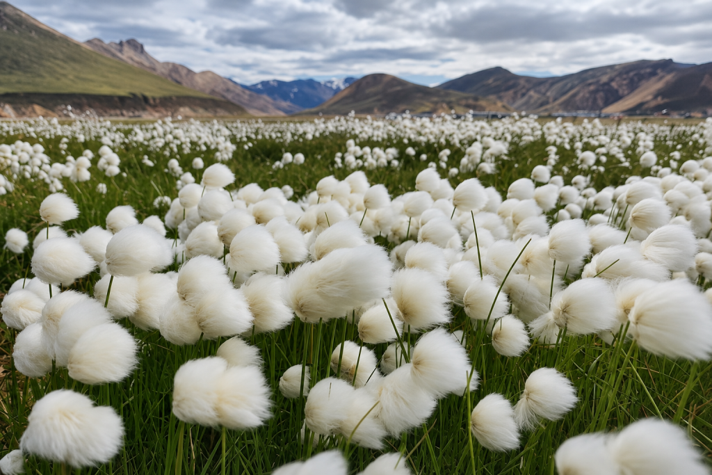 A field of white cotton grass under mountains and a cloudy sky