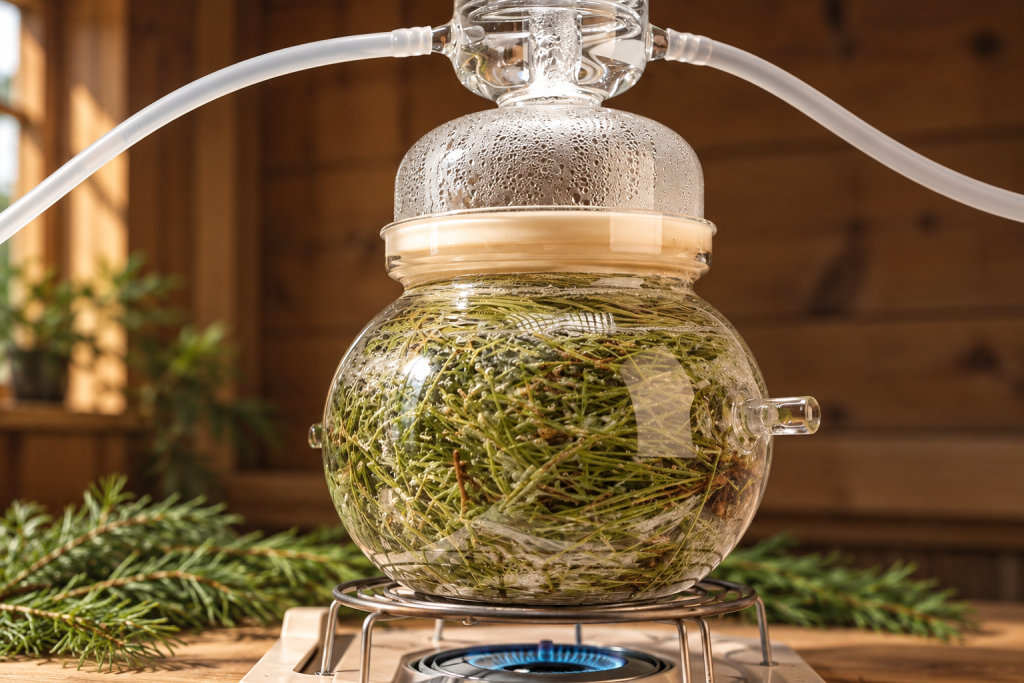 A glass steaming vessel packed with pine needles over a small flame, pine branches beside it