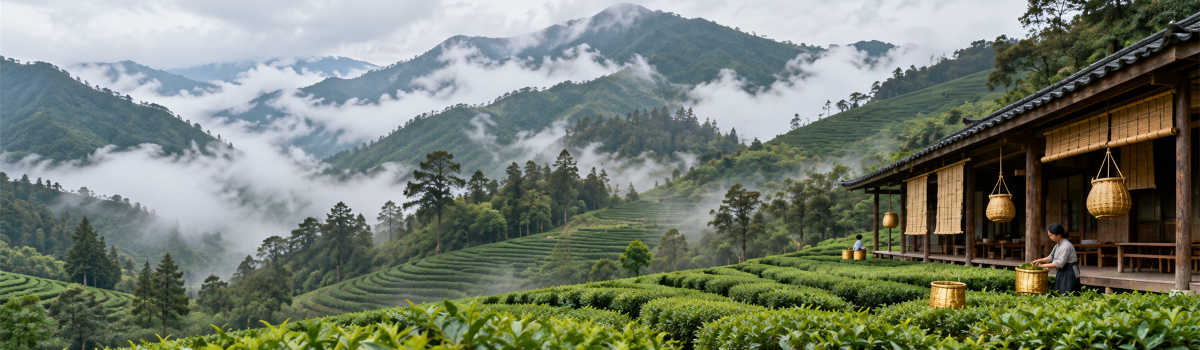 Misty tea terraces on a green mountainside with a wooden tea house and bamboo baskets