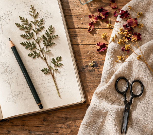 A pressed-leaf notebook, a pencil, dried rose petals and black scissors on linen on a wooden worktable