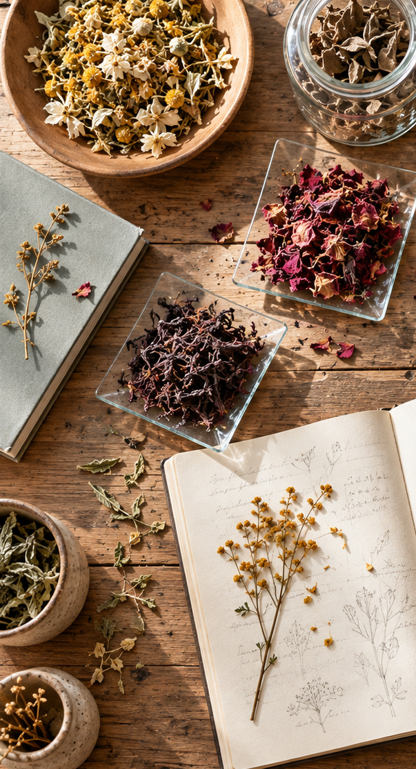 Dried flowers in wooden bowls and glass dishes beside a pressed-flower notebook on a wooden worktable