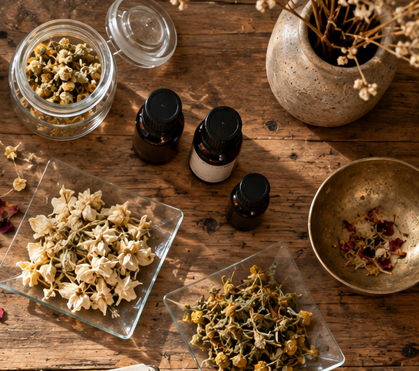 Glass dishes of dried flowers, small dark bottles and a brass bowl on a wooden worktable