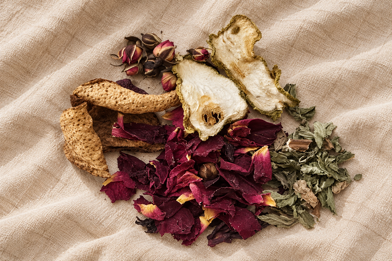 Dried rose petals, Buddha's hand slices, tangerine peel and mint heaped on cream linen