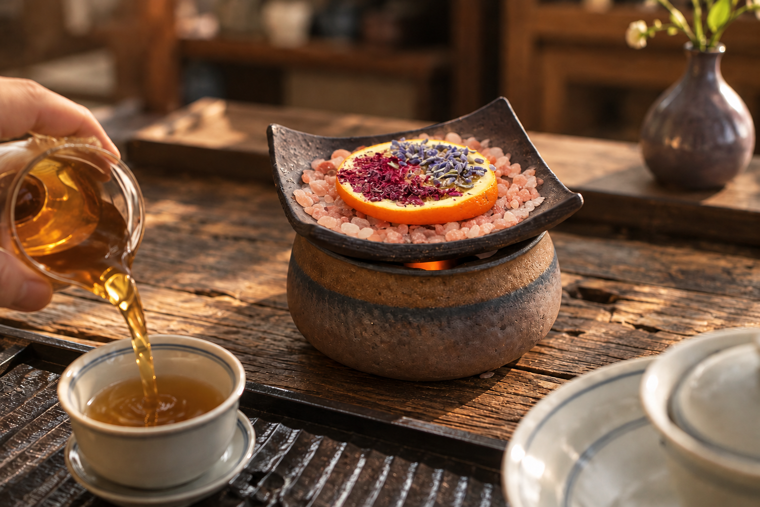 A hand pours tea into a cup beside a stoneware warmer holding an orange slice and dried flowers