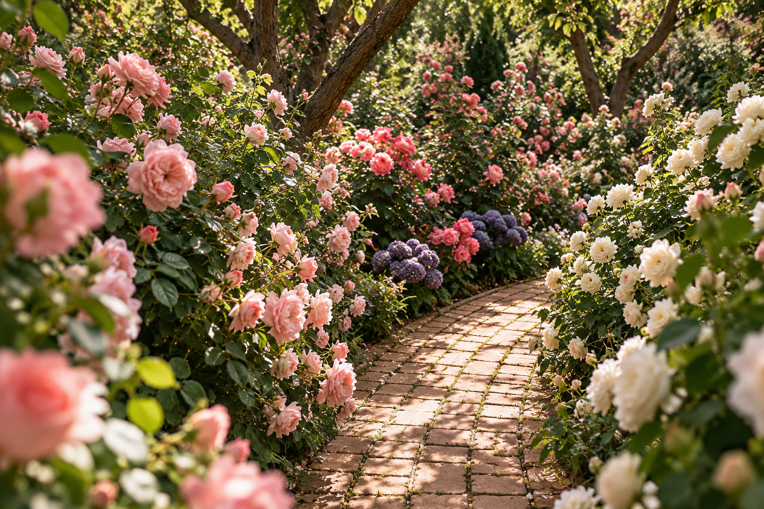 A brick path through a garden of pink and white roses and purple flowers in soft light