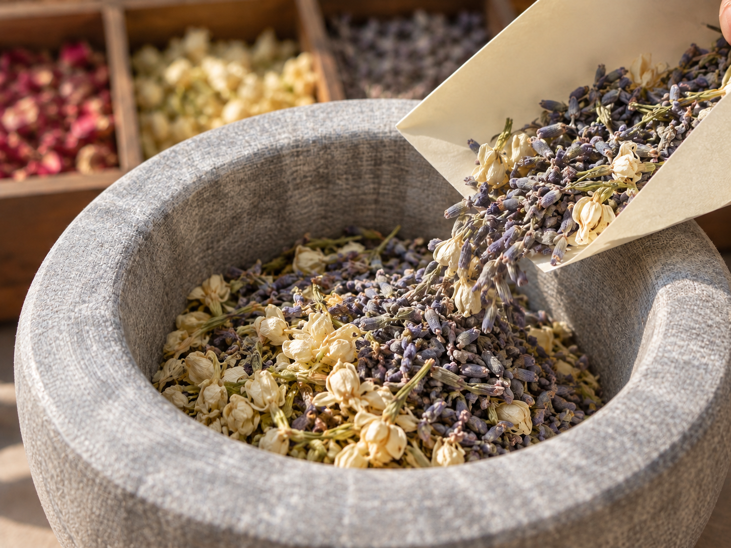 Dried lavender and jasmine buds poured from a paper scoop into a stone mortar